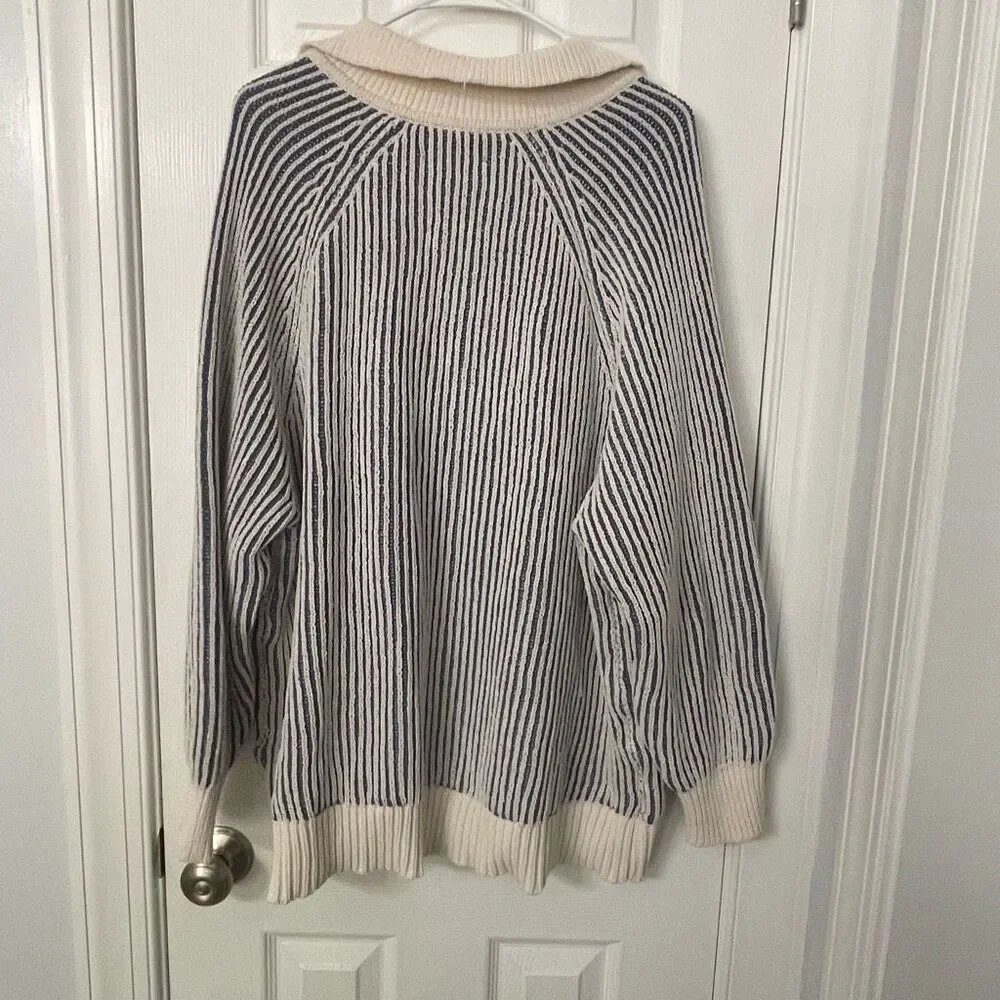 Aerie Striped Knit Collared Sweater Size Large Blue Cream Pullover - Picture 2 of 8